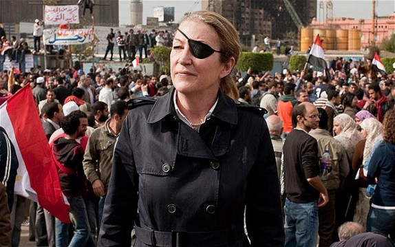 Marie Colvin while covering the uprising in Tahrir Square, Cairo. Feb 2011. Source: The Sunday Times/ Ivor Prickett