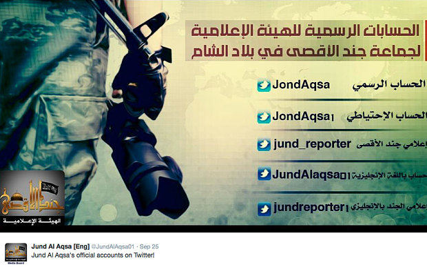 Jund Al-Aqsa, a splinter group of the Syrian Al-Nusra Front, lists its official Twitter accounts. Social media is near as much a tool for extremist groups as it is for everyone else. Source: Twitter
